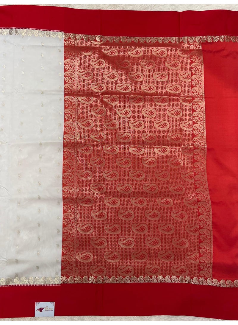 Women Semi Silk Traditional Bengali Lal Par Kanjivaram Saree with Blouse Piece White and Red - Image 4