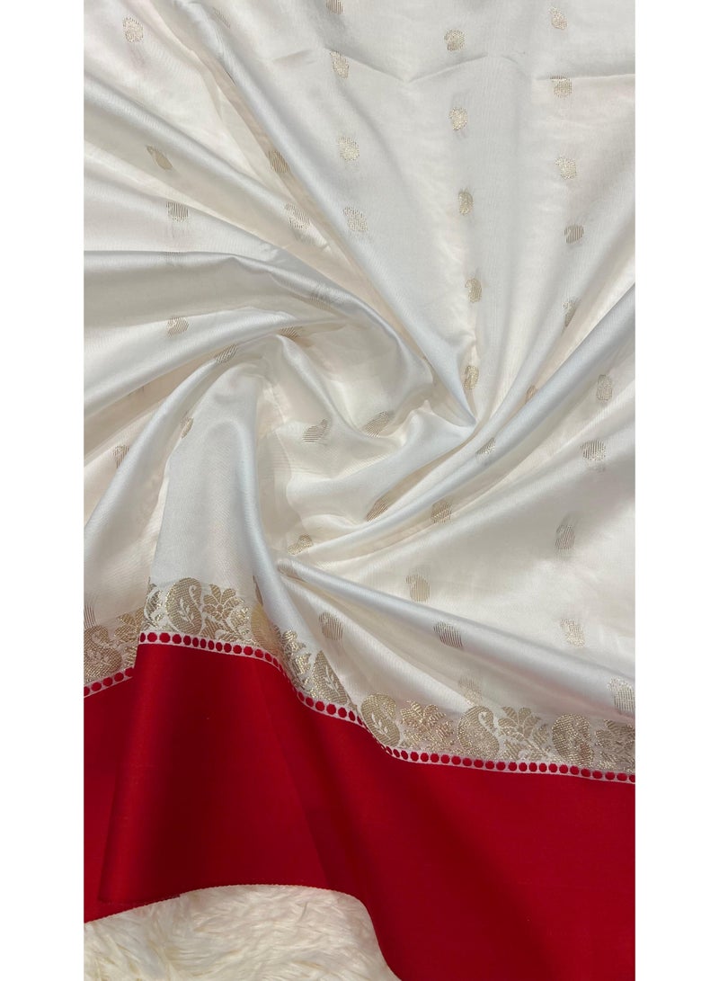 Women Semi Silk Traditional Bengali Lal Par Kanjivaram Saree with Blouse Piece White and Red - Image 5