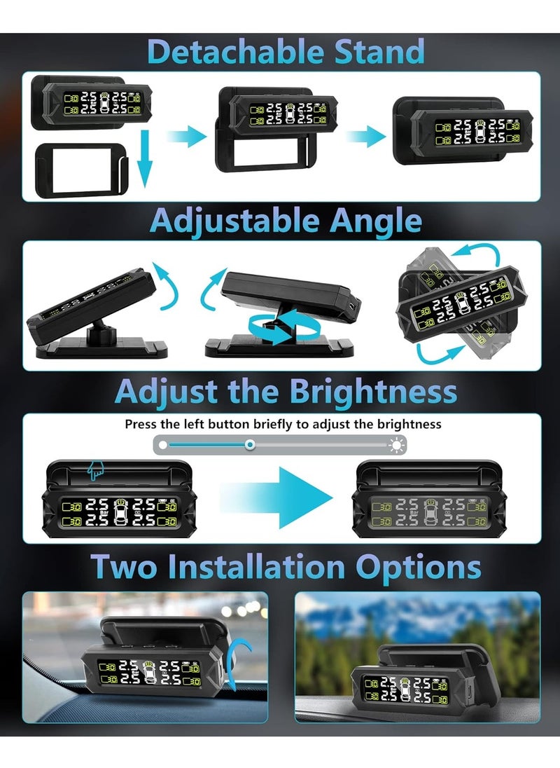 TPMS Tire Pressure Monitoring System Adjustable And Removable Solar Tire Pressure Monitor With 6 Alarm Modes And Real-Time Auto Detection For Car 22-87 Psi