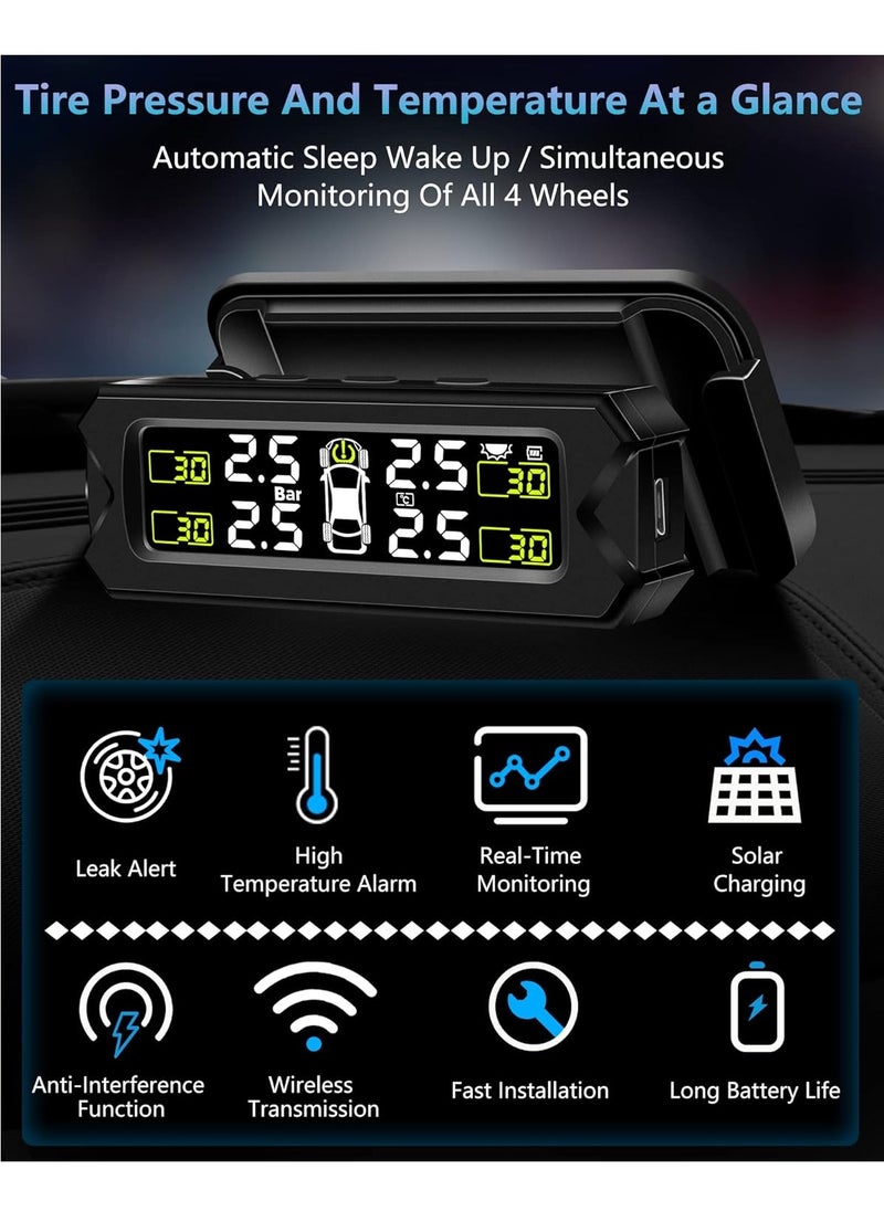 TPMS Tire Pressure Monitoring System Adjustable And Removable Solar Tire Pressure Monitor With 6 Alarm Modes And Real-Time Auto Detection For Car 22-87 Psi