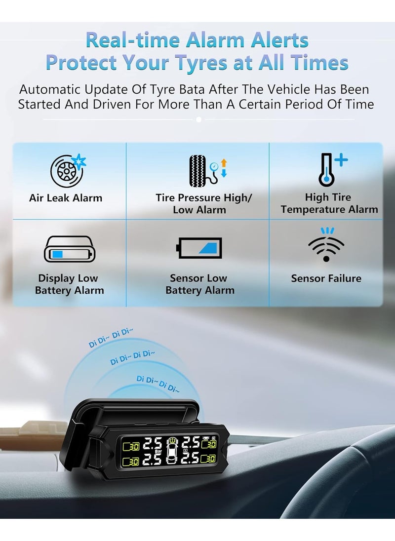 TPMS Tire Pressure Monitoring System Adjustable And Removable Solar Tire Pressure Monitor With 6 Alarm Modes And Real-Time Auto Detection For Car 22-87 Psi