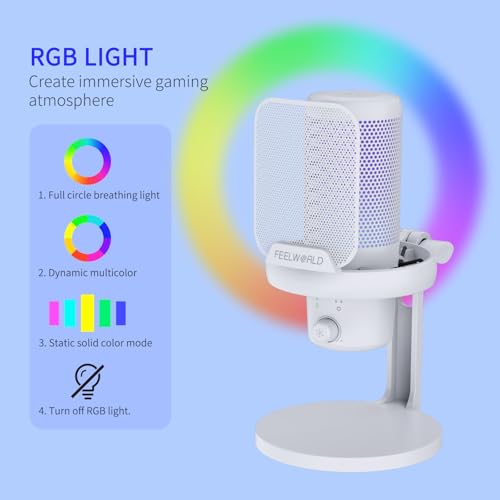 Feelworld ميكروفون USB ميكروفون مكثف للألعاب FEELWORLD VM1 أبيض مع إلغاء الضوضاء وإضاءة RGB، هدايا ملحقات الكمبيوتر للاعبين يوتيوب تويتش بودكاست بث تسجيل دردشة عبر الإنترنت PS4 PS5 - Image 4