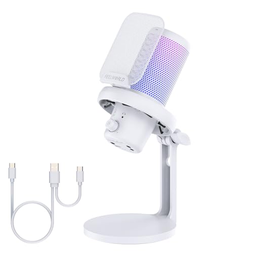 Feelworld ميكروفون USB ميكروفون مكثف للألعاب FEELWORLD VM1 أبيض مع إلغاء الضوضاء وإضاءة RGB، هدايا ملحقات الكمبيوتر للاعبين يوتيوب تويتش بودكاست بث تسجيل دردشة عبر الإنترنت PS4 PS5 - Image 1