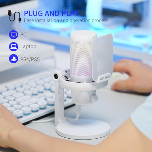 Feelworld ميكروفون USB ميكروفون مكثف للألعاب FEELWORLD VM1 أبيض مع إلغاء الضوضاء وإضاءة RGB، هدايا ملحقات الكمبيوتر للاعبين يوتيوب تويتش بودكاست بث تسجيل دردشة عبر الإنترنت PS4 PS5 - Image 5