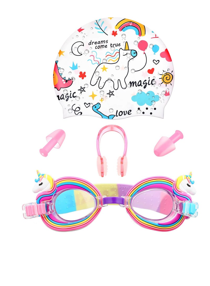 KASTWAVE Children's Swimming Set, 5 Sets of Children's Silicone Swimming Cap Swimming Goggles Glasses Nose Clip Ear Plugs Cartoon Pink Girls Underwater Glasses Goggles for Children Age 3-12 Years - Image 1