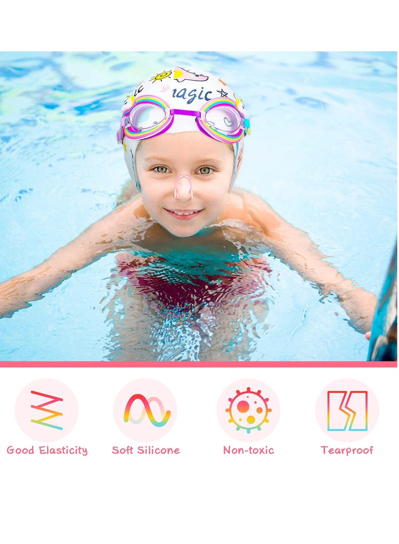 KASTWAVE Children's Swimming Set, 5 Sets of Children's Silicone Swimming Cap Swimming Goggles Glasses Nose Clip Ear Plugs Cartoon Pink Girls Underwater Glasses Goggles for Children Age 3-12 Years - Image 3