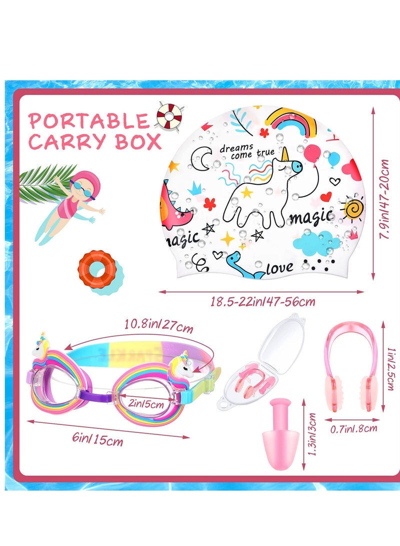 KASTWAVE Children's Swimming Set, 5 Sets of Children's Silicone Swimming Cap Swimming Goggles Glasses Nose Clip Ear Plugs Cartoon Pink Girls Underwater Glasses Goggles for Children Age 3-12 Years - Image 5