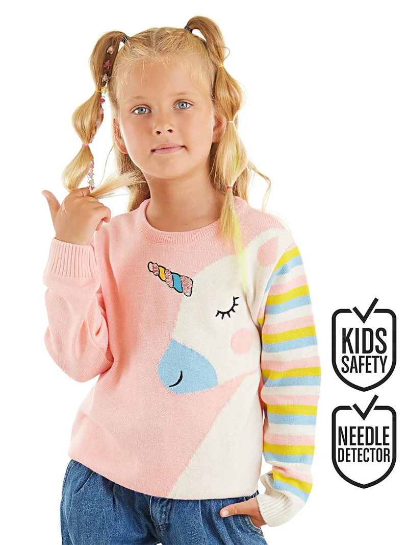 دينوكيدس كنزة صوفية وردية للبنات بتصميم وحيد القرن