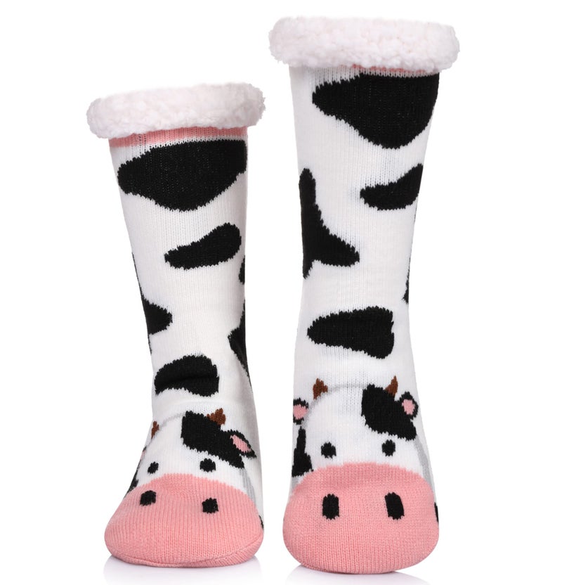 LINEMIN Womens Winter Slipper Socks With Grippers Cozy Warm Cute Fuzzy Slipper Socks (Cow-Black and White) - Image 1