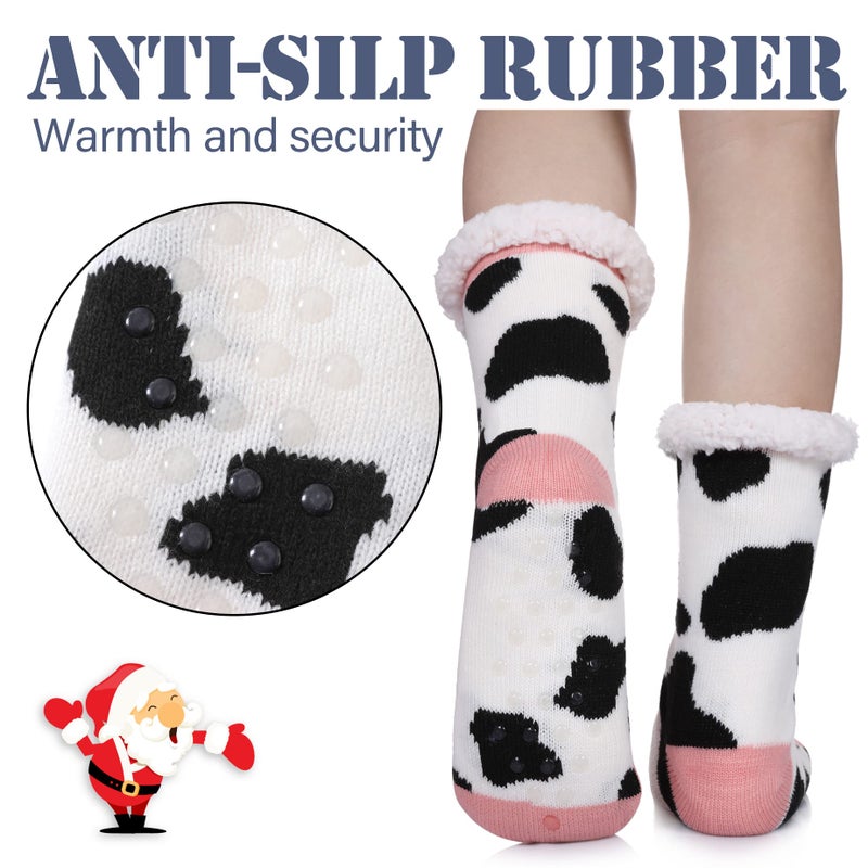 LINEMIN Womens Winter Slipper Socks With Grippers Cozy Warm Cute Fuzzy Slipper Socks (Cow-Black and White) - Image 4