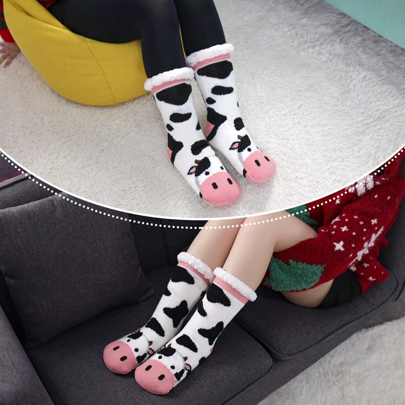 LINEMIN Womens Winter Slipper Socks With Grippers Cozy Warm Cute Fuzzy Slipper Socks (Cow-Black and White) - Image 2