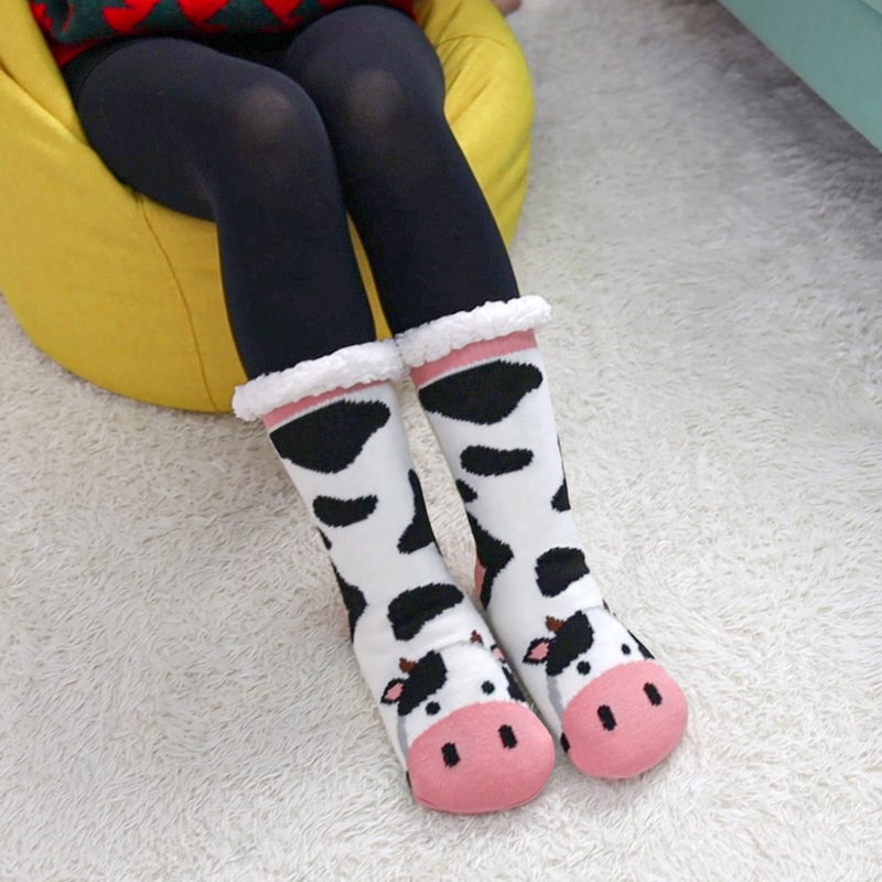 LINEMIN Womens Winter Slipper Socks With Grippers Cozy Warm Cute Fuzzy Slipper Socks (Cow-Black and White) - Image 5