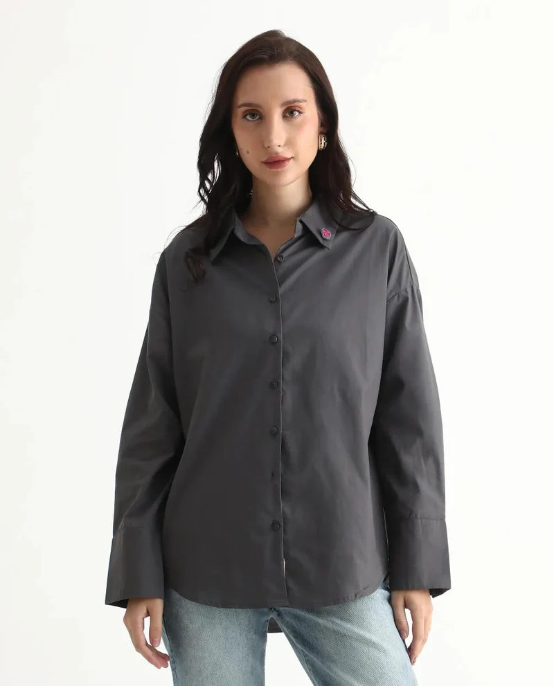 Rareism Women's Boxy Fit Cuffed Sleeve Shirt