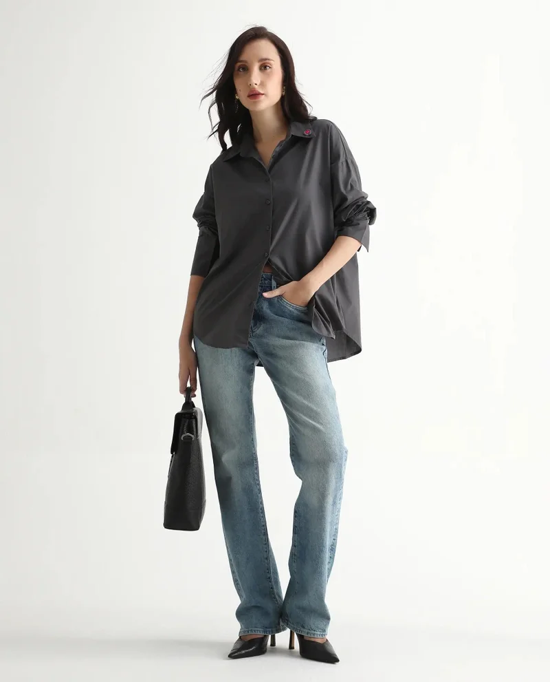 Rareism Women's Boxy Fit Cuffed Sleeve Shirt