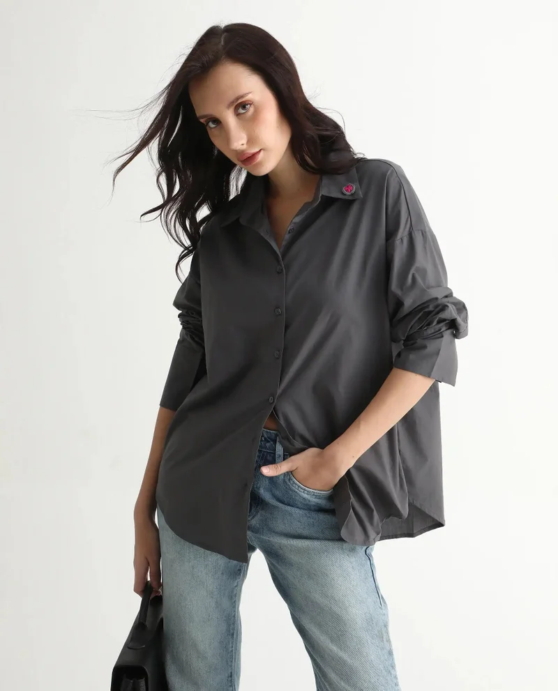 Rareism Women's Boxy Fit Cuffed Sleeve Shirt