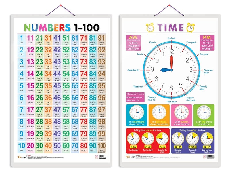GoWoo Set of 2 Numbers 1-100 and TIME Early Learning Educational Charts for Kids | 20"X30" inch |Non-Tearable and Waterproof | Double Sided Laminated | Perfect for Homeschooling, Kindergarten and Nursery Students - Image 1