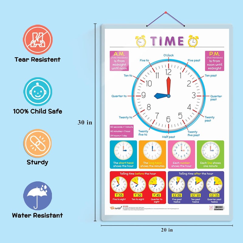 GoWoo Set of 2 Numbers 1-100 and TIME Early Learning Educational Charts for Kids | 20"X30" inch |Non-Tearable and Waterproof | Double Sided Laminated | Perfect for Homeschooling, Kindergarten and Nursery Students - Image 3