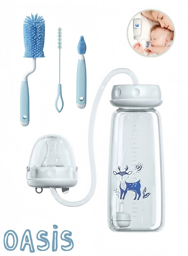 Oasis Hands-Free Baby Feeding Bottle Set (240ml, Blue) – Anti-Colic Standard Neck Bottle with Long Straw Connector and 3-in-1 Silicone Cleaning Brush Kit for Strollers, Car Seats & Travel - Image 1