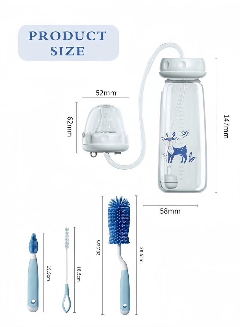 Oasis Hands-Free Baby Feeding Bottle Set (240ml, Blue) – Anti-Colic Standard Neck Bottle with Long Straw Connector and 3-in-1 Silicone Cleaning Brush Kit for Strollers, Car Seats & Travel - Image 2