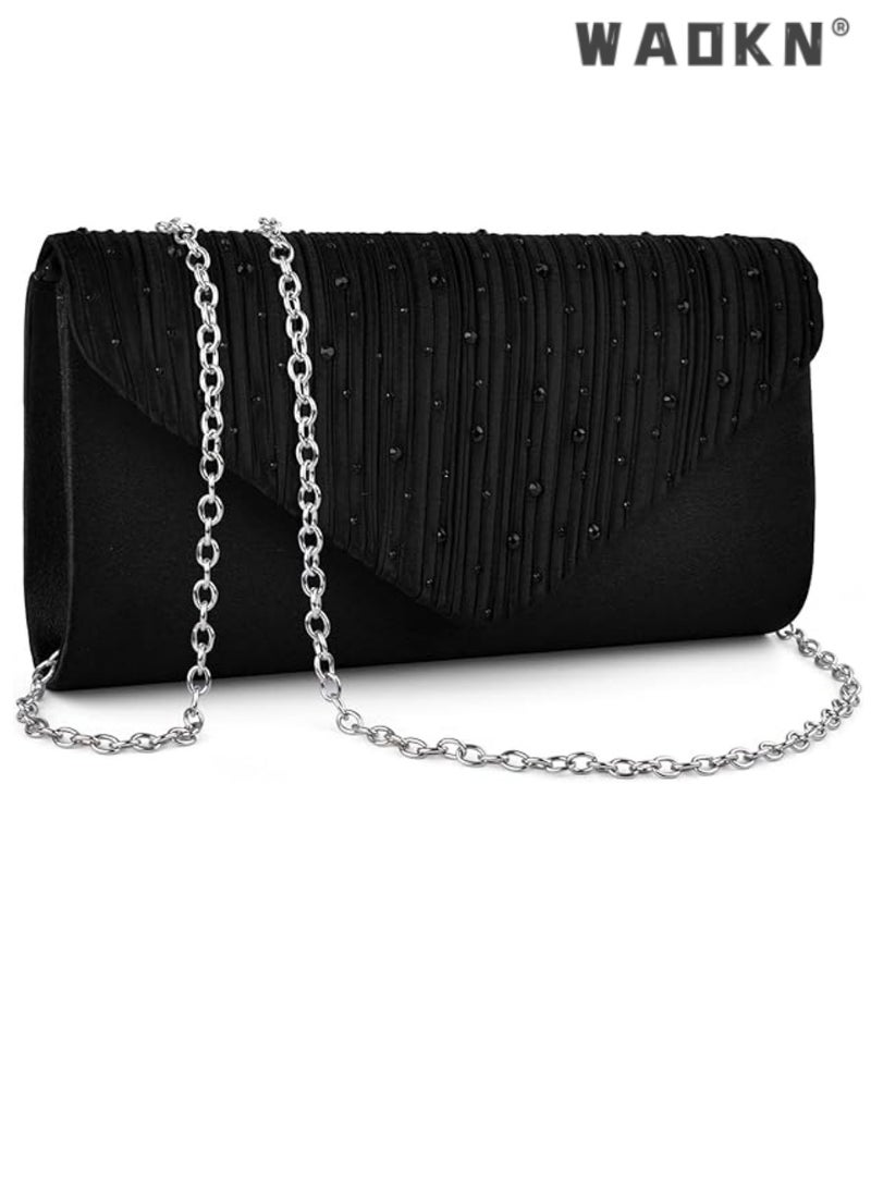 WAOKN Evening Bag Clutch Purse for Women Ladies, Small Sparkly Clutch Glitter Handbag Purse with Removable Chain for Formal Dress Bride Wedding Prom Party（black） - Image 1