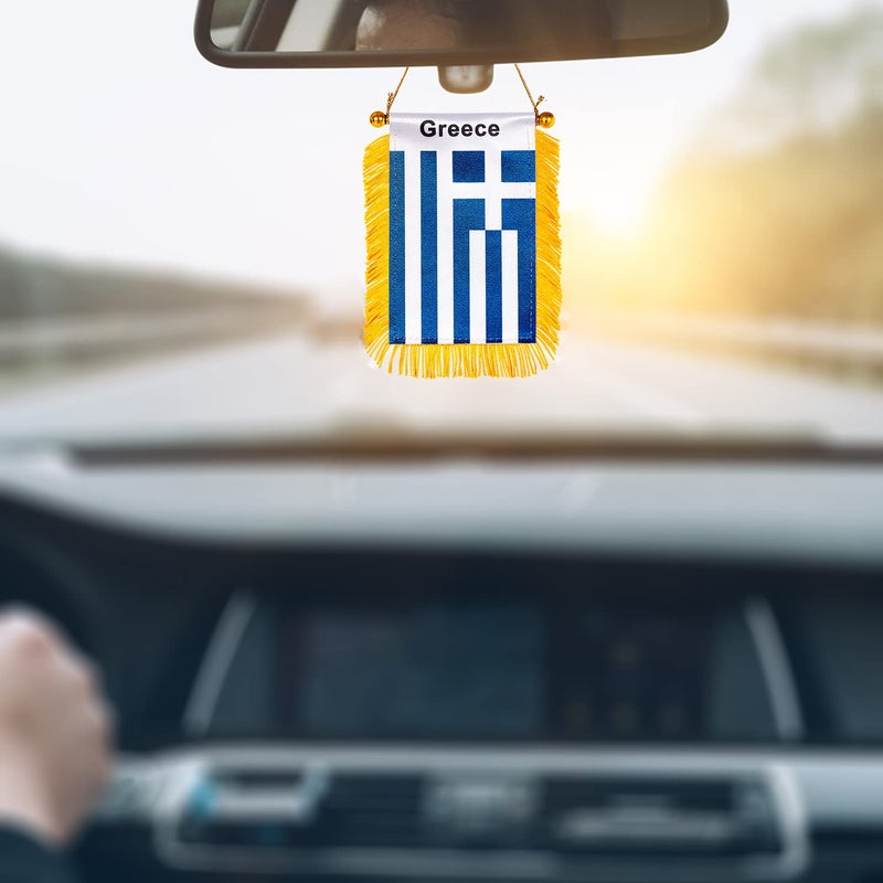 WXTWK 3 X 5 Inch Greece Flag Greek Window Hanging Flag Small Mini Car Flags Banners Rearview Mirror Decoration with Suction Cup Golden Fringy Banner - Image 4