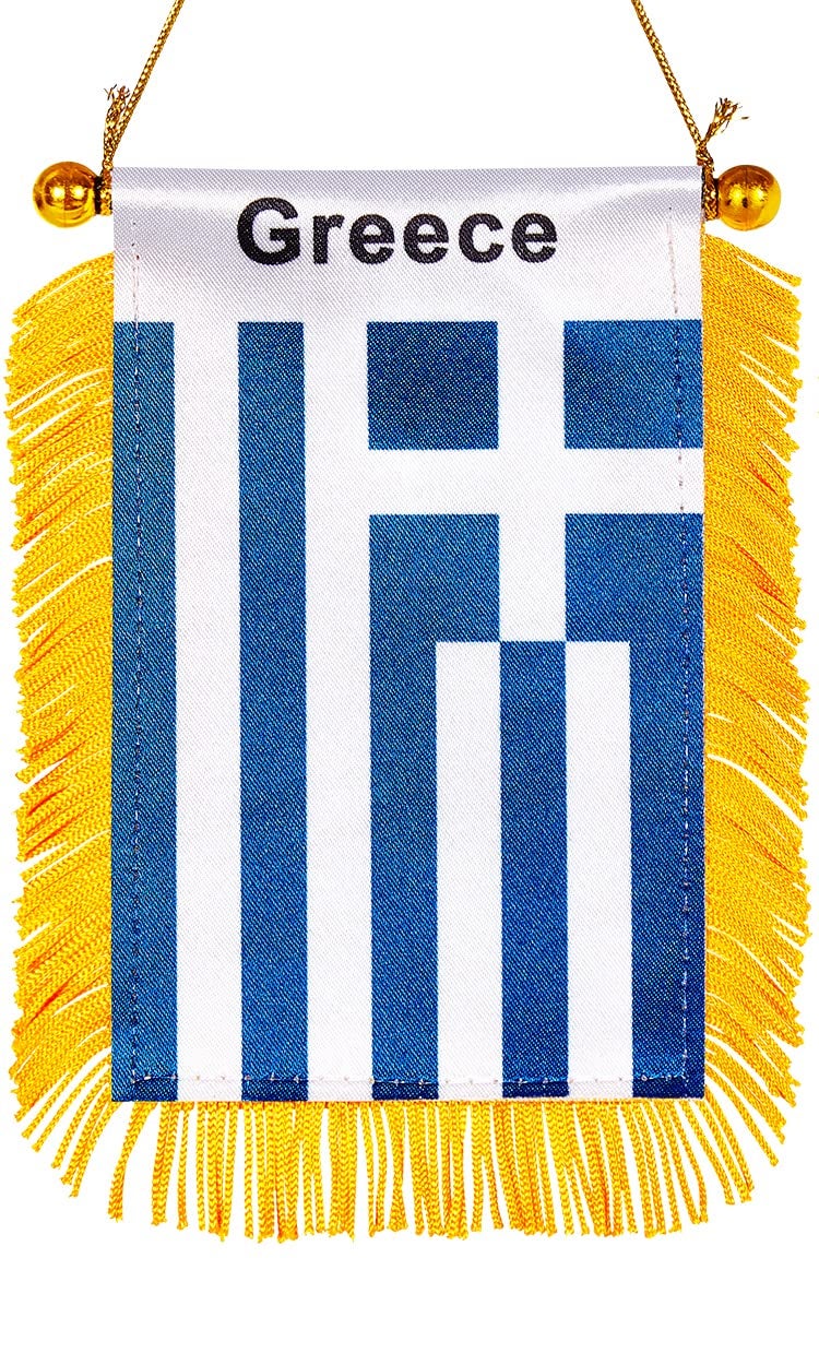 WXTWK 3 X 5 Inch Greece Flag Greek Window Hanging Flag Small Mini Car Flags Banners Rearview Mirror Decoration with Suction Cup Golden Fringy Banner - Image 1