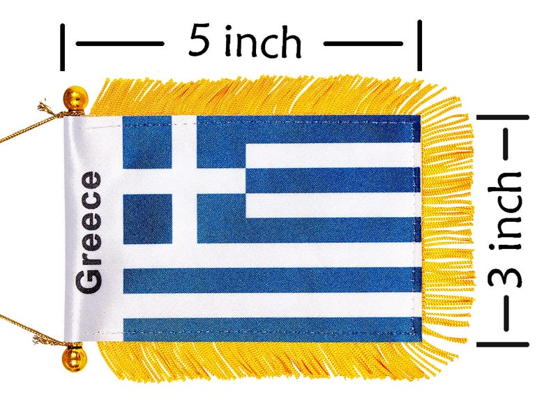 WXTWK 3 X 5 Inch Greece Flag Greek Window Hanging Flag Small Mini Car Flags Banners Rearview Mirror Decoration with Suction Cup Golden Fringy Banner - Image 2