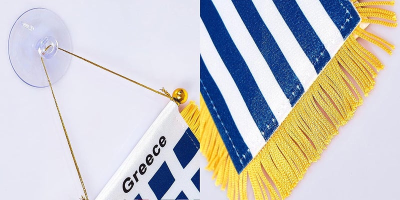 WXTWK 3 X 5 Inch Greece Flag Greek Window Hanging Flag Small Mini Car Flags Banners Rearview Mirror Decoration with Suction Cup Golden Fringy Banner - Image 3