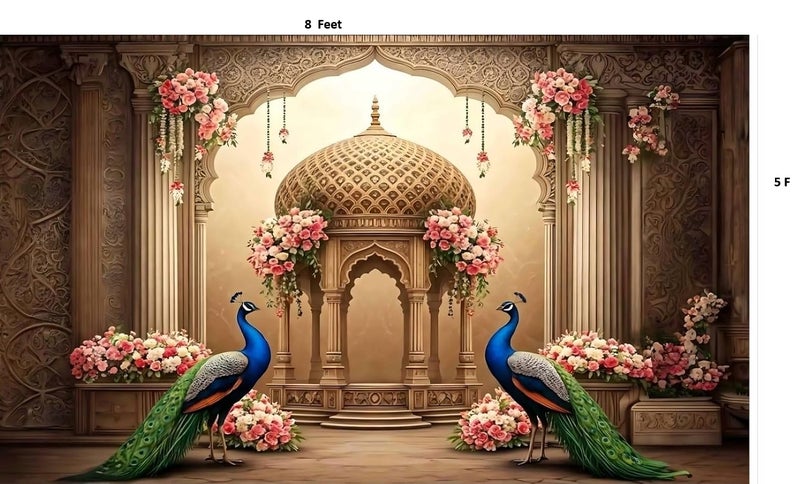 bague Backdrop Cloth for Decoration Peacock Feathers Decoration Design Photo Backdrop Cloth for Background Curtain 8x5 Feet (Two Peacock) - Image 2