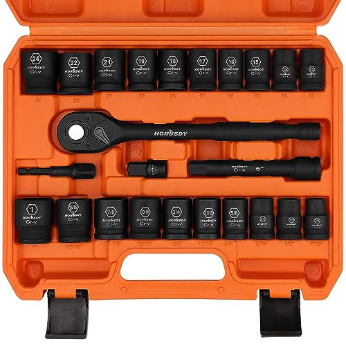 HORUSDY 1/2" Drive Shallow Impact Socket Set, 24-Piece SAE (7/16"-1") and Metric (13-24mm), 6 Point, Cr-V, Includes 1/2-Inch Drive Ratchet Handle, Drive Extension Bar - Image 1