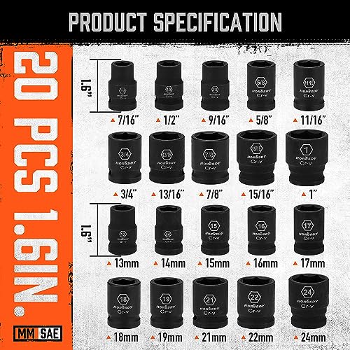 HORUSDY 1/2" Drive Shallow Impact Socket Set, 24-Piece SAE (7/16"-1") and Metric (13-24mm), 6 Point, Cr-V, Includes 1/2-Inch Drive Ratchet Handle, Drive Extension Bar - Image 3