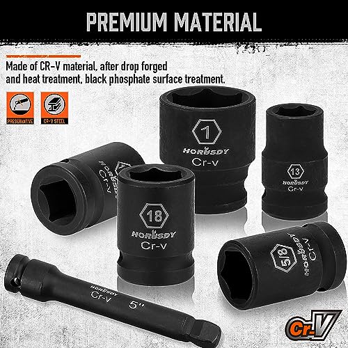 HORUSDY 1/2" Drive Shallow Impact Socket Set, 24-Piece SAE (7/16"-1") and Metric (13-24mm), 6 Point, Cr-V, Includes 1/2-Inch Drive Ratchet Handle, Drive Extension Bar - Image 5