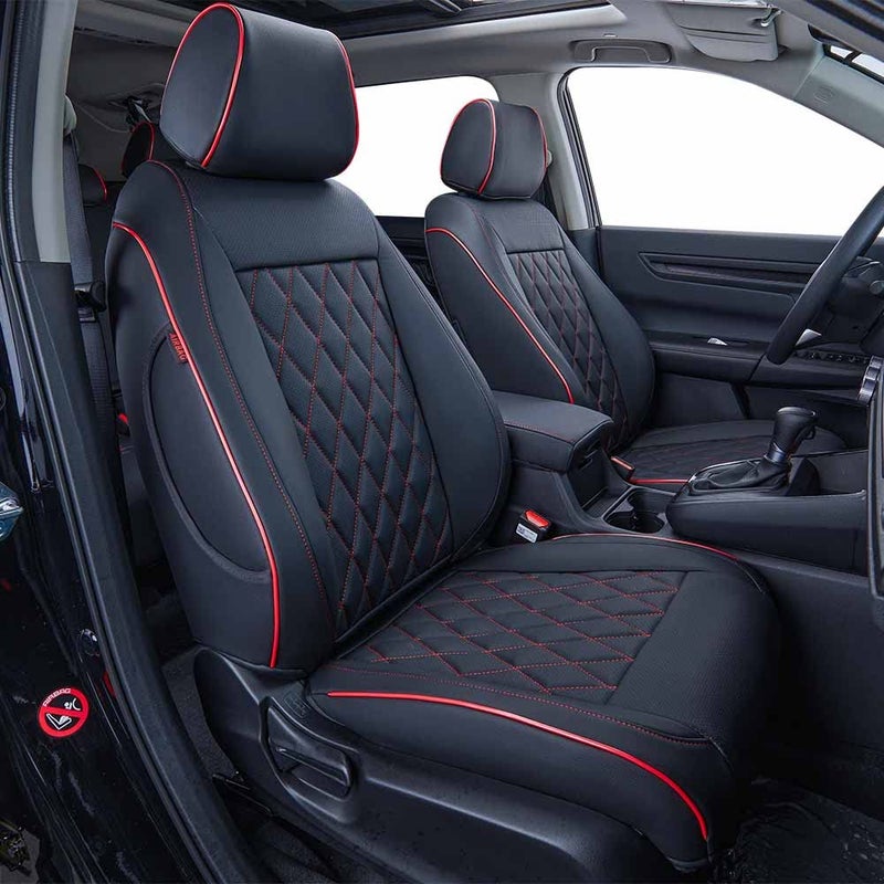أغطية مقاعد EKR CRV مخصصة تناسب هوندا CRV 2023 2024 2025 2026 غطاء مقعد سيارة جلد كامل للشاحنات SUV مقاوم للماء وسادة مقعد سيارة جلد صناعي أسود مع حواف حمراء
