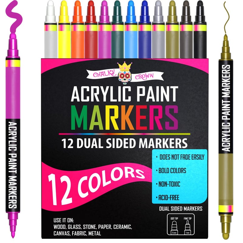 CHALKY CROWN Acrylic Paint Markers Dual Tip (12 Pack) - Acrylic Markers Paint Pens for Rocks - Bold Acrylic Paint Pens Fine Tip and Dot Tip - Fabric Makers Permanent for Clothes Water Based Markers - Chalky Crown - Image 1