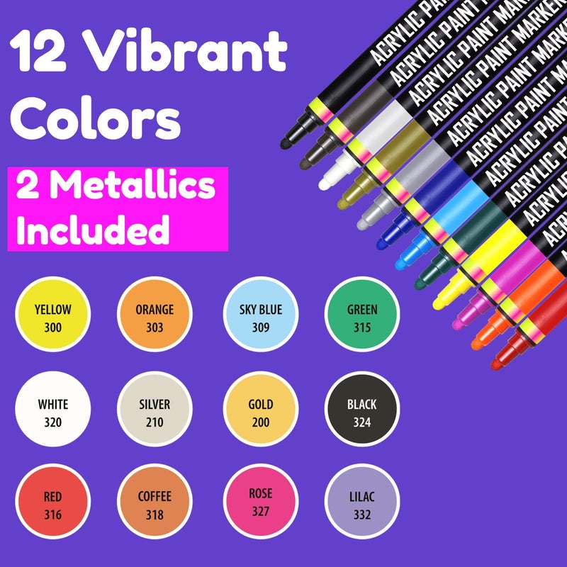 CHALKY CROWN Acrylic Paint Markers Dual Tip (12 Pack) - Acrylic Markers Paint Pens for Rocks - Bold Acrylic Paint Pens Fine Tip and Dot Tip - Fabric Makers Permanent for Clothes Water Based Markers - Chalky Crown - Image 4