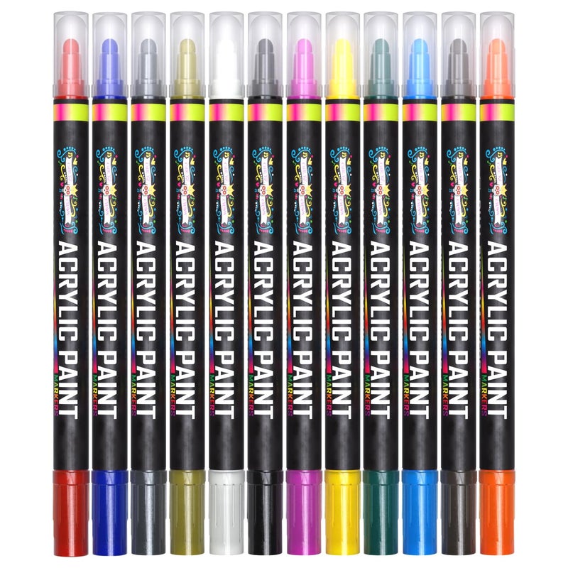 CHALKY CROWN Acrylic Paint Markers Dual Tip (12 Pack) - Acrylic Markers Paint Pens for Rocks - Bold Acrylic Paint Pens Fine Tip and Dot Tip - Fabric Makers Permanent for Clothes Water Based Markers - Chalky Crown - Image 2