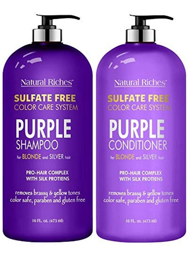 Natural Riches Purple Shampoo And Conditioner Set Sulfate Free Salon Grade For Silver Blonde Platinum Hair. Removes Yellow & Brass Tones. Grey Highlighted Hair 16X2 Fl Oz  - Image 1