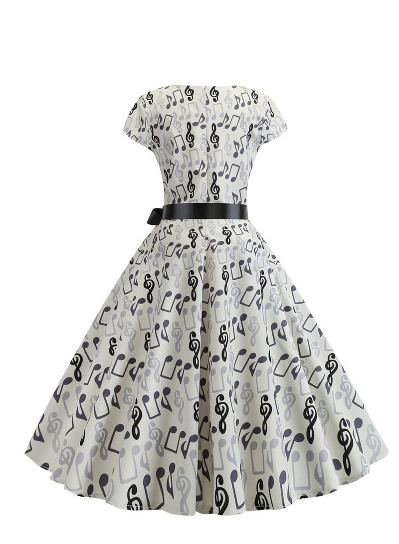 Loquat Round neck sleeve wrapped note printed black ribbon large swing dress retro White  - Image 3
