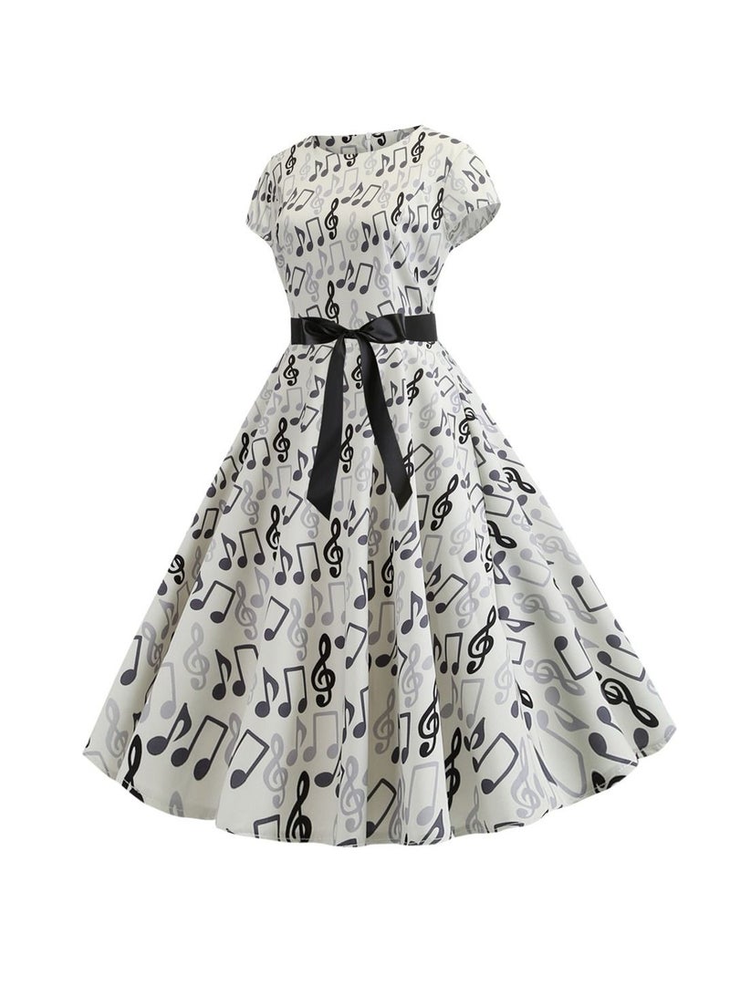 Loquat Round neck sleeve wrapped note printed black ribbon large swing dress retro White  - Image 2