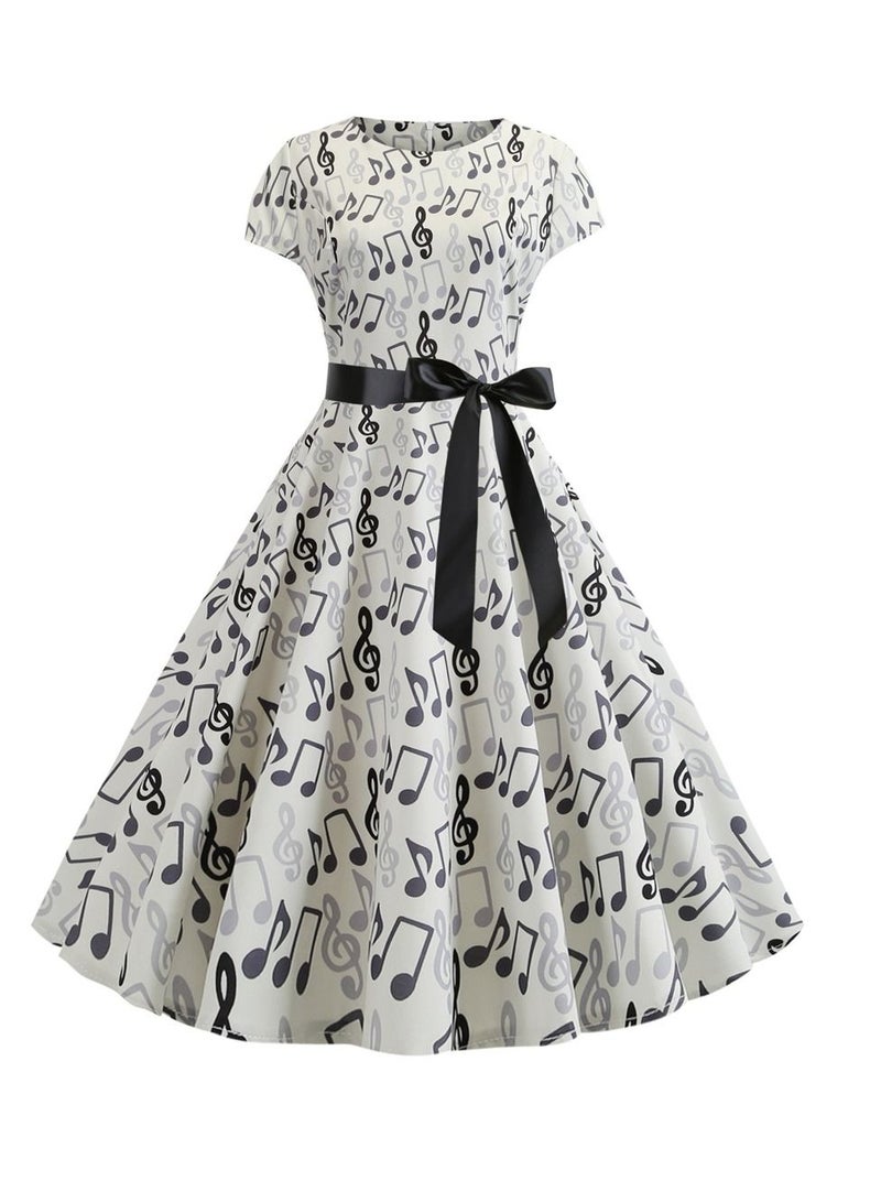 Loquat Round neck sleeve wrapped note printed black ribbon large swing dress retro White  - Image 1