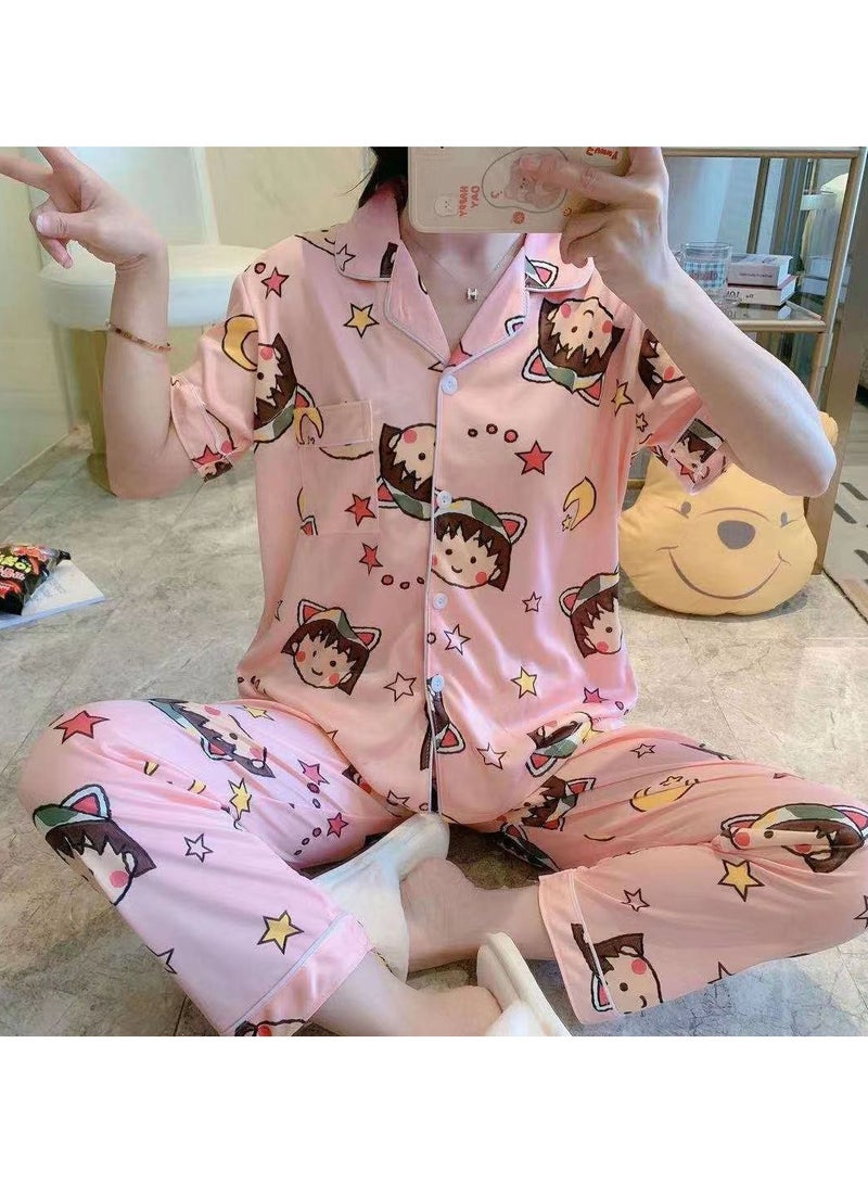 DubaiGallery Women Pyjamas Set PJ Ladies Silk Satin Short Sleeve Print Button Up Loungewear