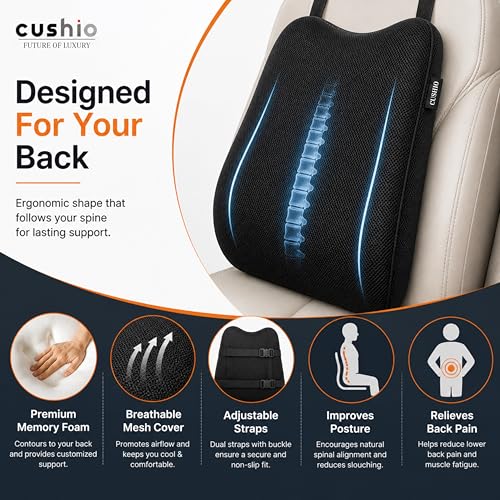 CUSHIO Memory Foam Car Seat Cushion for Back Support, Ergonomic Lumbar Support for Car Seat & Office Chair, Car Back Support Cushion, Chair Cushion for Pain Relief & Posture (Black) - Image 3