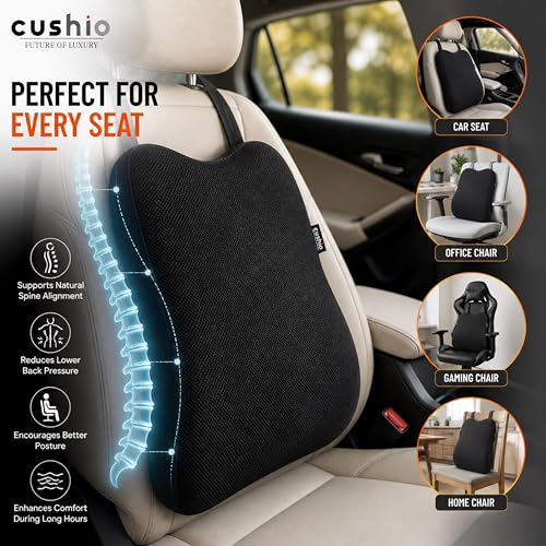 CUSHIO Memory Foam Car Seat Cushion for Back Support, Ergonomic Lumbar Support for Car Seat & Office Chair, Car Back Support Cushion, Chair Cushion for Pain Relief & Posture (Black) - Image 5