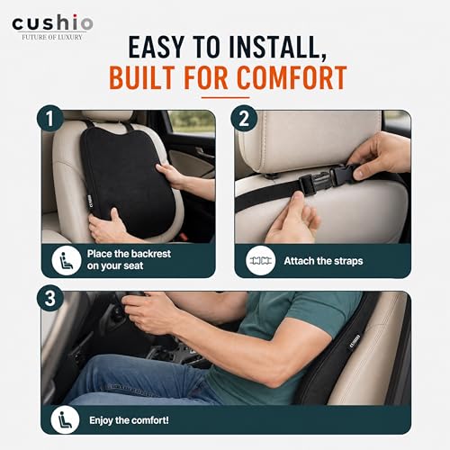 CUSHIO Memory Foam Car Seat Cushion for Back Support, Ergonomic Lumbar Support for Car Seat & Office Chair, Car Back Support Cushion, Chair Cushion for Pain Relief & Posture (Black) - Image 4