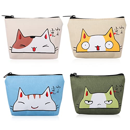 iSuperb Pack of 4 Coin Purse Oxford Small Zipper Wallet for Coins Cash Credit Card USB Charger Cable Headset Keys Lipstick (Cute Cat) - Image 1