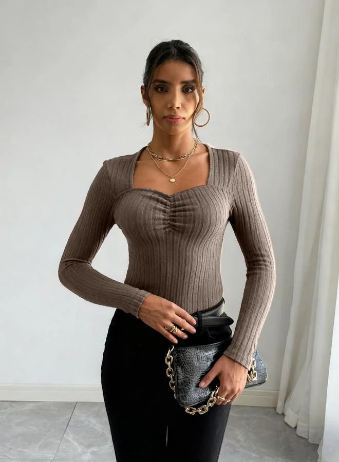 Take Two Women Coffee Brown Long Sleeve Ribbed Top