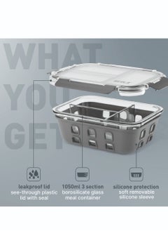 BEOLA BEOLA 3 Compartment Glass Food Storage Container with Airtight Lid and Silicone Protection, Individually Sealed 3 Section Meal Prep Container, Freezer, Dishwasher, Microwave Safe, 1050ml(Lava Gray)  - Image 2