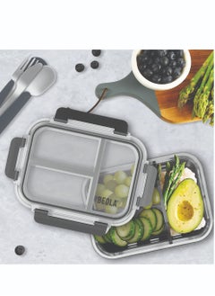 BEOLA BEOLA 3 Compartment Glass Food Storage Container with Airtight Lid and Silicone Protection, Individually Sealed 3 Section Meal Prep Container, Freezer, Dishwasher, Microwave Safe, 1050ml(Lava Gray)  - Image 4