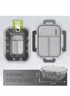 BEOLA BEOLA 3 Compartment Glass Food Storage Container with Airtight Lid and Silicone Protection, Individually Sealed 3 Section Meal Prep Container, Freezer, Dishwasher, Microwave Safe, 1050ml(Lava Gray)  - Image 3