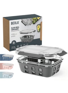 BEOLA BEOLA 3 Compartment Glass Food Storage Container with Airtight Lid and Silicone Protection, Individually Sealed 3 Section Meal Prep Container, Freezer, Dishwasher, Microwave Safe, 1050ml(Lava Gray)  - Image 1